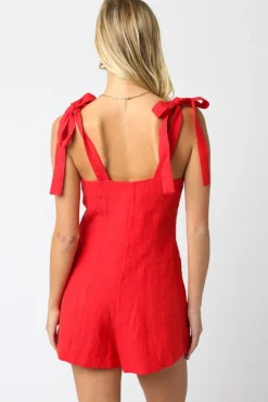 Waitlist 4/20 ♥ Miriam Sleeveless Shoulder Tie Button Down Linen Romper Red