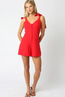 Waitlist 4/20 ♥ Miriam Sleeveless Shoulder Tie Button Down Linen Romper Red