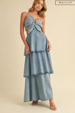 Waitlist 5/21 ♥ Naomi Sleeveless Flower Accent Cut Out Tiered Denim Maxi Dress Medium Wash
