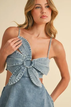 Waitlist 5/21 ♥ Naomi Sleeveless Flower Accent Cut Out Tiered Denim Maxi Dress Medium Wash