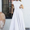 Waitlist 4/23 ♥ Noelle Short Sleeve Belted Lace Insert Maxi Dress White