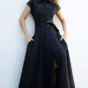 Waitlist 4/23 ♥ Noelle Short Sleeve Belted Lace Insert Maxi Dress Black