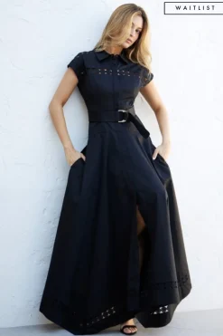 Waitlist 4/23 ♥ Noelle Short Sleeve Belted Lace Insert Maxi Dress Black