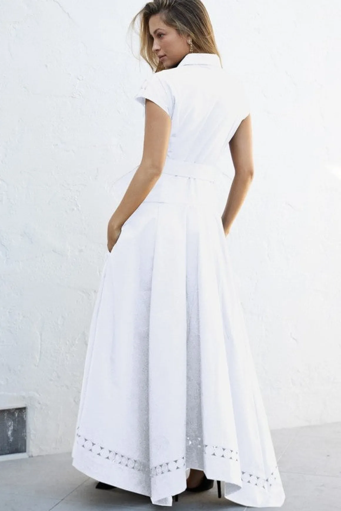 Waitlist 4/23 ♥ Noelle Short Sleeve Belted Lace Insert Maxi Dress White