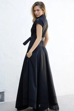Waitlist 4/23 ♥ Noelle Short Sleeve Belted Lace Insert Maxi Dress Black
