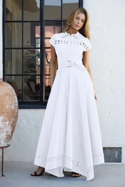 Waitlist 4/23 ♥ Noelle Short Sleeve Belted Lace Insert Maxi Dress White