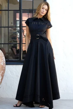Waitlist 4/23 ♥ Noelle Short Sleeve Belted Lace Insert Maxi Dress Black