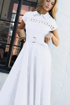 Waitlist 4/23 ♥ Noelle Short Sleeve Belted Lace Insert Maxi Dress White
