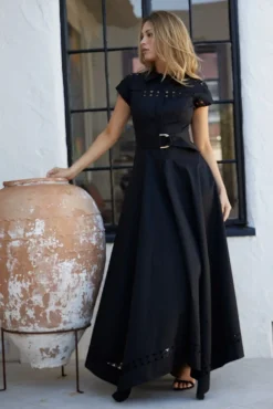 Waitlist 4/23 ♥ Noelle Short Sleeve Belted Lace Insert Maxi Dress Black