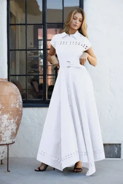 Waitlist 4/23 ♥ Noelle Short Sleeve Belted Lace Insert Maxi Dress White