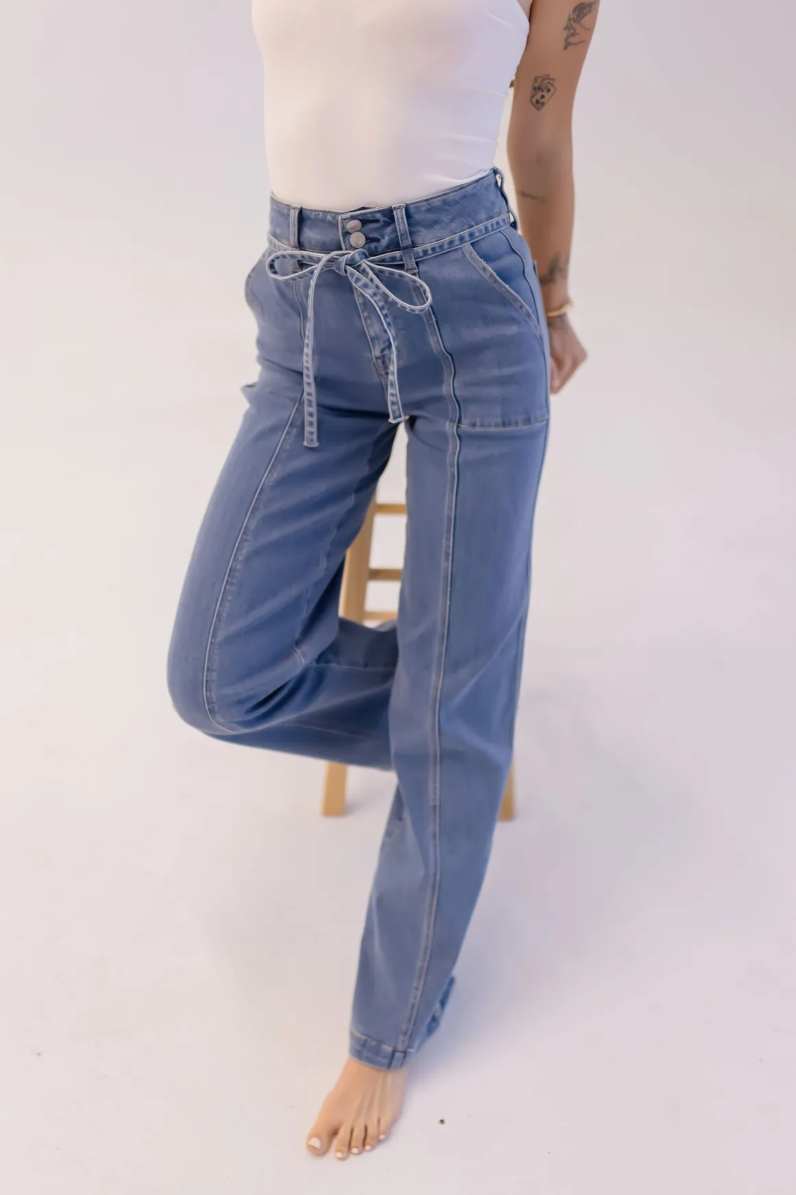 Waitlist 6/20 ♥ Norah High Rise Waist Tie Wide Leg Jeans Medium Wash