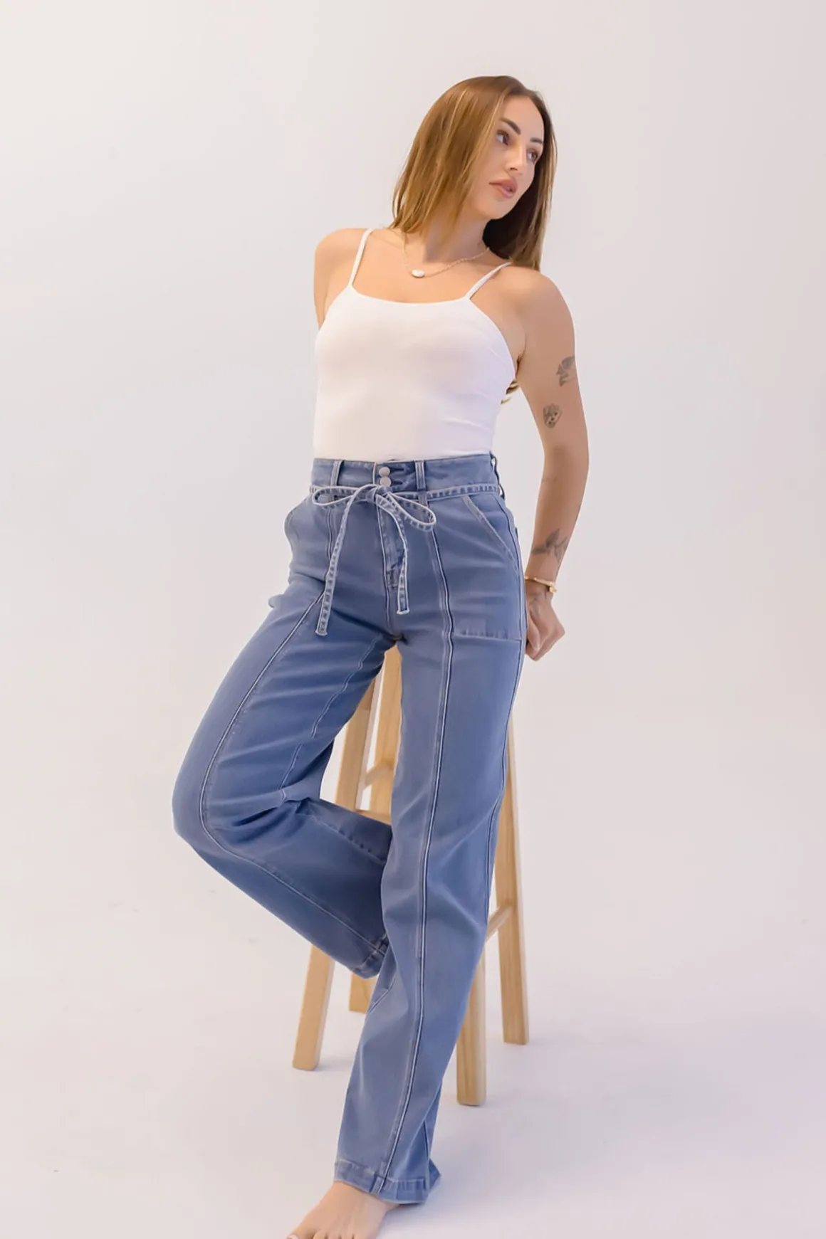 Waitlist 6/20 ♥ Norah High Rise Waist Tie Wide Leg Jeans Medium Wash