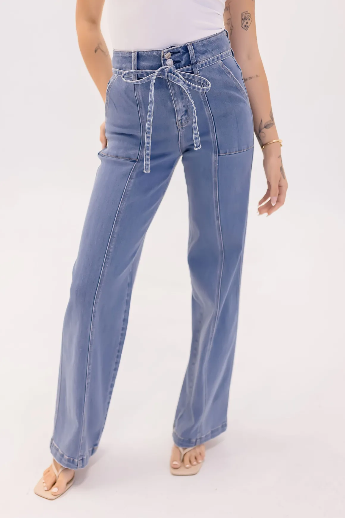 Waitlist 6/20 ♥ Norah High Rise Waist Tie Wide Leg Jeans Medium Wash