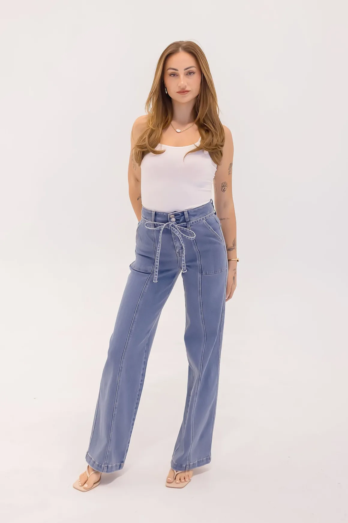 Waitlist 6/20 ♥ Norah High Rise Waist Tie Wide Leg Jeans Medium Wash