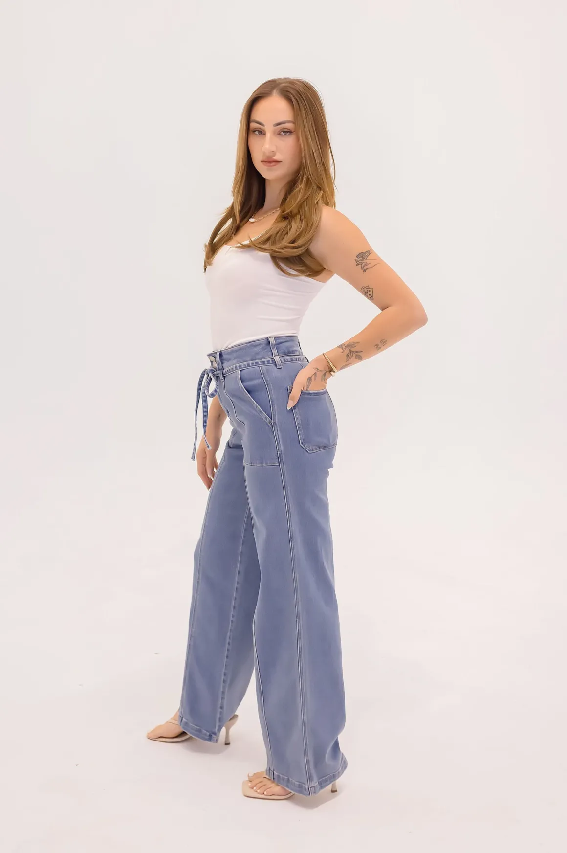 Waitlist 6/20 ♥ Norah High Rise Waist Tie Wide Leg Jeans Medium Wash