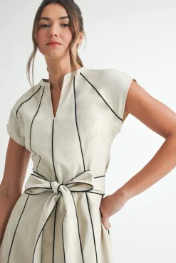 Waitlist 4/15 ♥ Nova Short Sleeve Stripe Contrast Waist Tie Linen Midi Dress Natural
