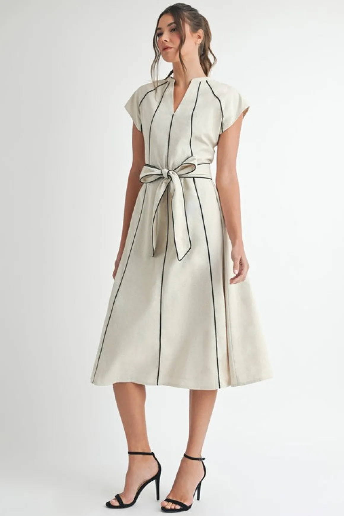 Waitlist 4/15 ♥ Nova Short Sleeve Stripe Contrast Waist Tie Linen Midi Dress Natural