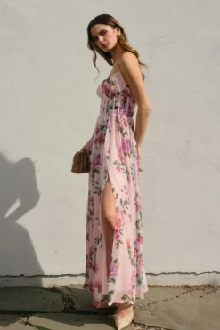 Waitlist 5/28 ♥ Olivia Sleeveless Corset Floral Print Back Tie Maxi Dress Lilac