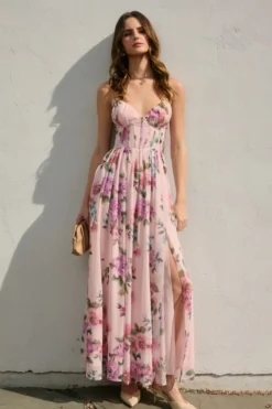 Waitlist 5/28 ♥ Olivia Sleeveless Corset Floral Print Back Tie Maxi Dress Lilac