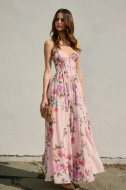 Waitlist 5/28 ♥ Olivia Sleeveless Corset Floral Print Back Tie Maxi Dress Lilac