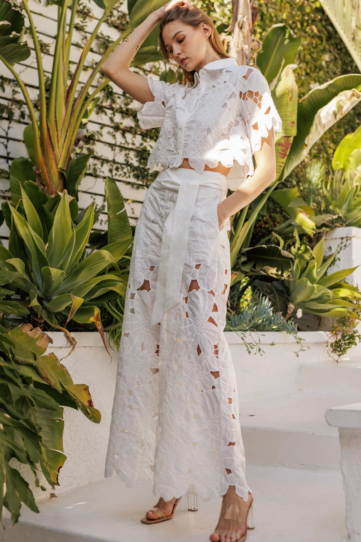 Waitlist 4/30 ♥ Perry Short Sleeve Lace Button Down Top White