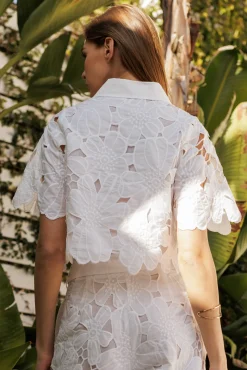 Waitlist 4/30 ♥ Perry Short Sleeve Lace Button Down Top White