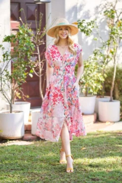 Waitlist 4/30 ♥ Ruth Cap Sleeve Floral Print Zip Up Midi Dress Fuchsia