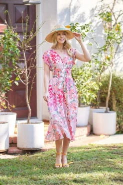 Waitlist 4/30 ♥ Ruth Cap Sleeve Floral Print Zip Up Midi Dress Fuchsia