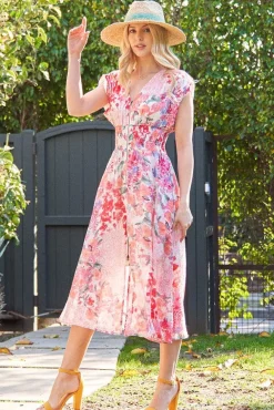 Waitlist 4/30 ♥ Ruth Cap Sleeve Floral Print Zip Up Midi Dress Fuchsia