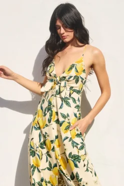 Waitlist 6/5 ♥ Sonia Sleeveless Back Tie Lemon Print Maxi Dress Yellow
