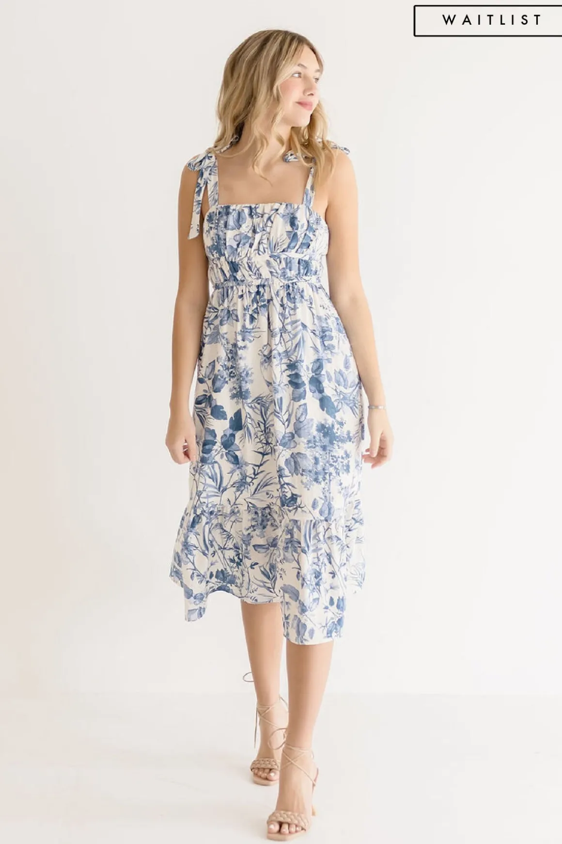 Waitlist 4/23 ♥ Tiara Sleeveless Shoulder Tie Floral Print Midi Dress Blue