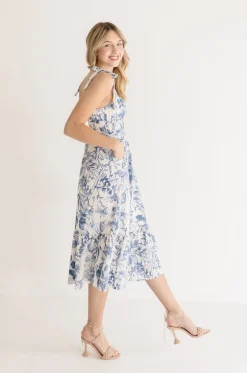 Waitlist 4/23 ♥ Tiara Sleeveless Shoulder Tie Floral Print Midi Dress Blue