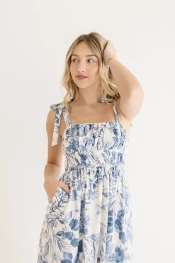 Waitlist 4/23 ♥ Tiara Sleeveless Shoulder Tie Floral Print Midi Dress Blue