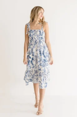 Waitlist 4/23 ♥ Tiara Sleeveless Shoulder Tie Floral Print Midi Dress Blue