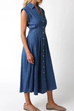 Waitlist 5/10 ♥ Torrance Short Sleeve Button Down Denim Midi Dress Dark Wash