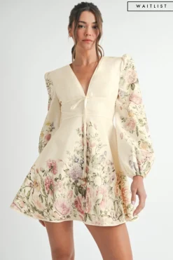 Waitlist 4/2 ♥ Valerie Long Sleeve Floral Print Flared Mini Dress Cream