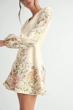 Waitlist 4/2 ♥ Valerie Long Sleeve Floral Print Flared Mini Dress Cream