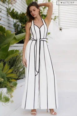 Waitlist 4/2 ♥ Veronica Sleeveless Contrast Waist Tie Wide Leg Jumpsuit White