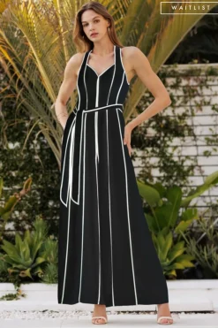Waitlist 4/2 ♥ Veronica Sleeveless Contrast Waist Tie Wide Leg Jumpsuit Black