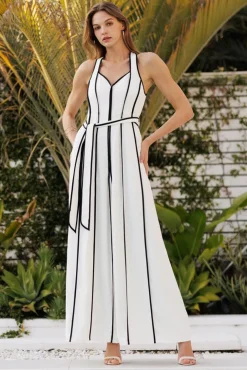 Waitlist 4/2 ♥ Veronica Sleeveless Contrast Waist Tie Wide Leg Jumpsuit White