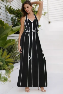 Waitlist 4/2 ♥ Veronica Sleeveless Contrast Waist Tie Wide Leg Jumpsuit Black