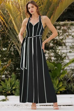 Waitlist 4/2 ♥ Veronica Sleeveless Contrast Waist Tie Wide Leg Jumpsuit Black