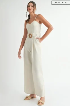Waitlist 4/2 ♥ Wren Sleeveless Belted Linen Wide Leg Jumpsuit Natural