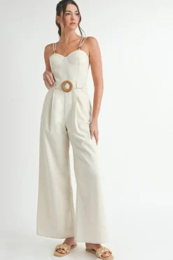Waitlist 4/2 ♥ Wren Sleeveless Belted Linen Wide Leg Jumpsuit Natural