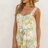 Waverly Sleeveless Watercolor Print Button Down Romper Yellow