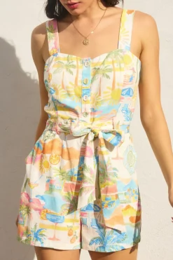 Waverly Sleeveless Watercolor Print Button Down Romper Yellow
