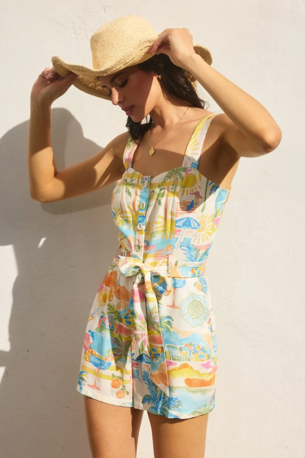 Waverly Sleeveless Watercolor Print Button Down Romper Yellow