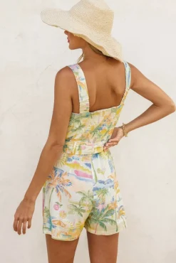 Waverly Sleeveless Watercolor Print Button Down Romper Yellow