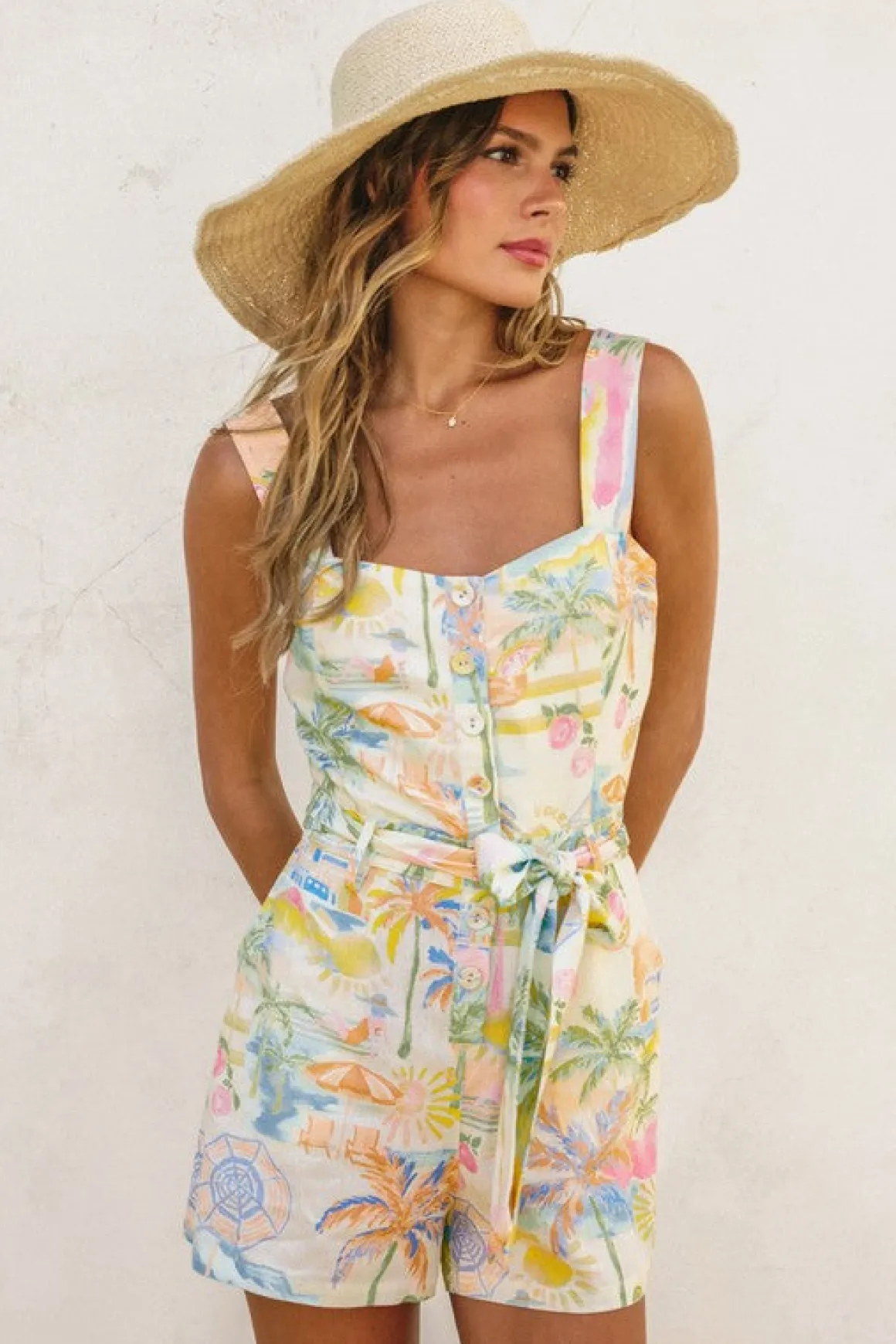 Waverly Sleeveless Watercolor Print Button Down Romper Yellow