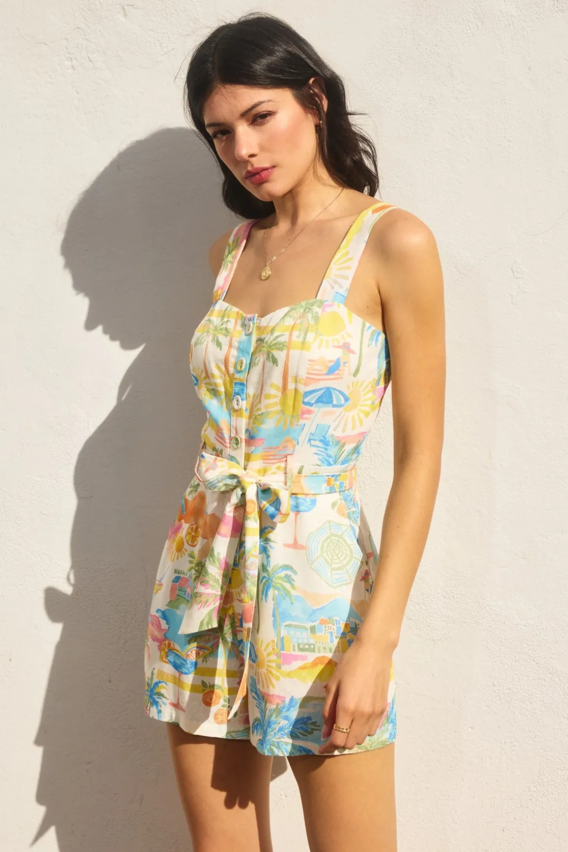 Waverly Sleeveless Watercolor Print Button Down Romper Yellow